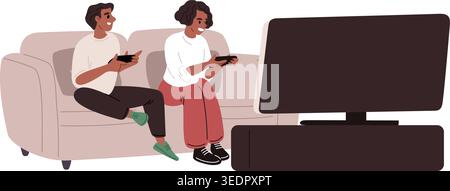Young couple watching movie on large TV. Man and woman playing computer games while sitting on sofa at home. Family gaming with joysticks. Gamers in Stock Vector