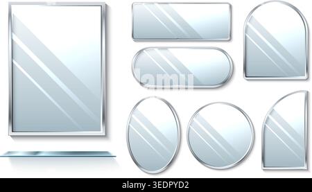 Realistic glass banner in frame with shelf. Square or oval 3D mirrors. Transparent reflective surfaces various shapes. Minimalist metal geometric bord Stock Vector
