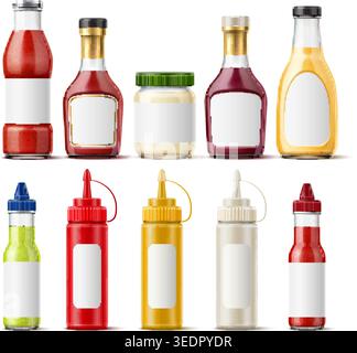 Realistic glass and plastic sauce bottles. Insulated 3D containers for liquid condiments. Blank label stickers. Mayo seasoning. Mustard and BBQ Stock Vector