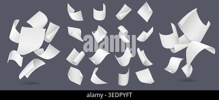 Realistic flying blank sheets of office paper. Crumpled white notebook pages. Cards of various shapes. Soaring documents in air. Scattered letters Stock Vector