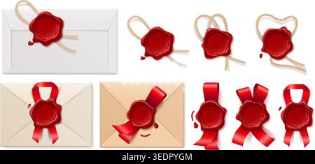 Realistic envelopes made from various types of postal paper. Featuring blank wax seals, satin ribbons and twine, well as greeting cards. Letter Vector Stock Vector