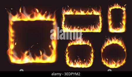 Realistic depictions of flames. Various shapes of burning thin frames. Orange glowing of fire. Shiny circle or square borders. Dangerous wildfire Stock Vector