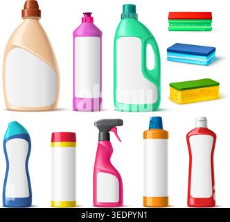 Realistic detergent bottles. Plastic packaging with blank labels. 3D packages mockup. Dishwashing sponge. Laundry cleanser. Housekeeping soap. Vector Stock Vector
