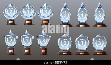 Realistic crystal trophies. Glass awards. Nominee win numbers. Gold, silver or bronze rewards. Competition leadership. Shiny 3D shapes. Winner triumph Stock Vector