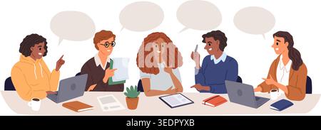 Male and female coworkers hold meeting at large desk. Employees group brainstorm in office. Colleagues teamwork. Business conference. Corporate Stock Vector