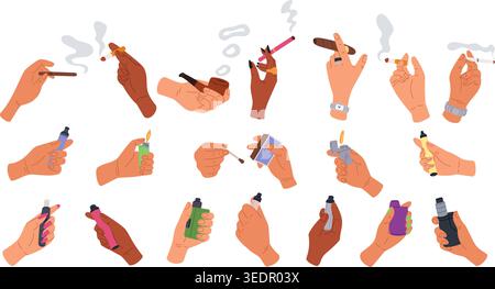 Human hands holding cigarettes and vapes. Mens and womens arms. Unhealthy addiction. Tobacco smoking and vaping. Lighters and matches. Bad habits Stock Vector