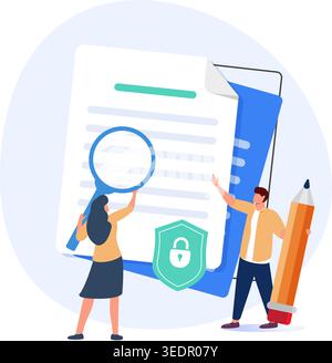 Business contract signing. Corporate document. Agreement checking. Data protection. Terms and conditions, privacy policy, legal notice metaphors. Vect Stock Vector