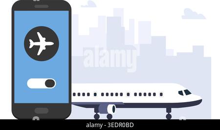 Flat vector of a mobile phone activating airplane mode next to a commercial jet with a city skyline background. Stock Illustration. Stock Vector