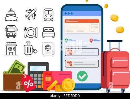 Mobile app for planning vacations with travel icons, wallet, credit card, and luggage for digital booking concepts. Stock Vector