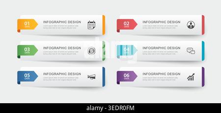 Modern business data infographic design template with six element colorful banners. Stock Vector