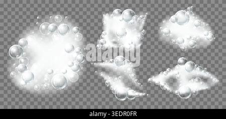 Foaming bath soap. Realistic soft shampoo mousse flakes. Bathing liquid with clear beads. Detergent balls. Washing suds heap. Vector 3D froth elements Stock Vector
