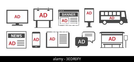 Advertising media offline and online symbols set for marketing and communication strategy. Stock Vector