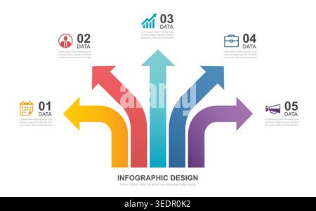 Business infographic design template with five way data colorful arrows. Stock Vector