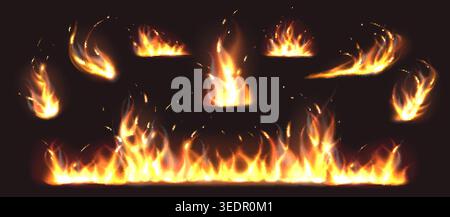 Flame elements. Realistic depictions of bonfire in various shapes. Individual 3D flaming. Blazing jet of orange fire. Isolated campfires with heat and Stock Vector