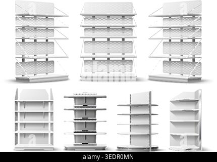 Empty shelving units. Realistic retail shelves. Various types of white metal racking. Furniture for supermarkets and stores. Product display stands Stock Vector