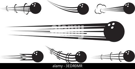 Flying balls for bowling with traces of air currents. Speed curve motion flow. Orb strikes. Track effect. Championship hit and pass. Movement Stock Vector