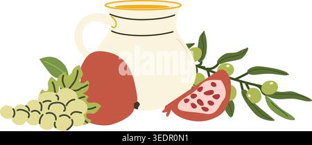 Honey pitcher with grapes and apples in harvest composition. Rosh Hashanah still life with sweet seasonal fruits and festive atmosphere. Stock Vector