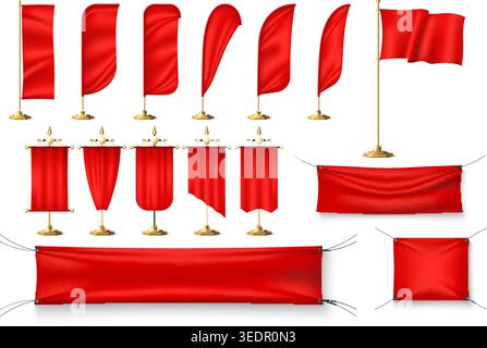 Empty red flags. Realistic vertical signs and pennants on gold flagpoles. Empty mockups. Billboard fabric swatches of various shapes. Metal pennant Stock Vector