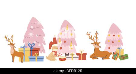 Cartoon pink chrismas tree and animals vector set. Flat illustrations isolated on white background. Cute rabbit, reindeer with gifts. Coquette pink ch Stock Vector