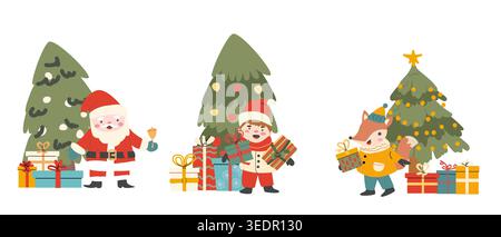 Cartoon christmas characters with christmas tree set. Compositions of cute kid boy, santa and fox with gift boxes. Stock Vector