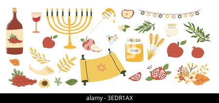 Rosh Hashanah icons set. Vector collection of traditional Jewish New Year symbols: apple slices with honey dipper, shofar, wines and pomegranate. Flat Stock Vector