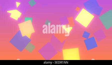 A vibrant and dynamic scene featuring colorful, glowing square shapes falling against a rainbow gradient background, creating a lively and energetic a Stock Photo