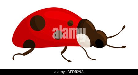 Colorful illustration of a red ladybug with dark brown spots and black head crawling in side view profile pose, isolated on white background, summer g Stock Vector