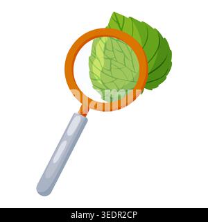 Cartoon illustration of an orange magnifying glass examining a green mint leaf with visible veins, isolated on white background, science research and Stock Vector