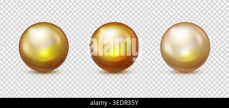 Metallic gold sphere with reflective surface. Glossy golden ball isolated on white background. 3D rendered chrome orb with realistic shine and shadow Stock Vector