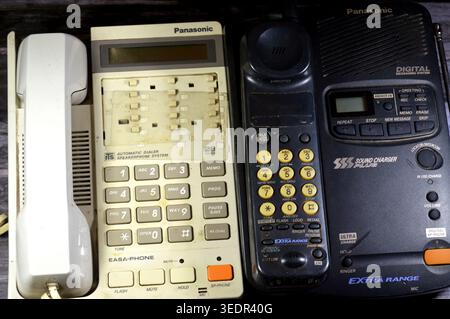 Cairo, Egypt, April 4 2026: a collection of vintage Panasonic corded and cordless landline telephones, old vintage retro old telephones Stock Photo