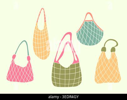 Zero waste eco friendly mesh string bags set Stock Vector