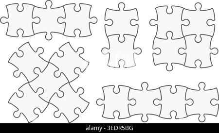 Jigsaw puzzle pieces template with blank frames for infographic design. Vector illustration of interlocking game parts on white background. Modern Stock Vector