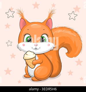 Adorable Cute Cartoon Squirrel with Ice cream. Vector illustration of the animal on orange background with stars. Stock Vector