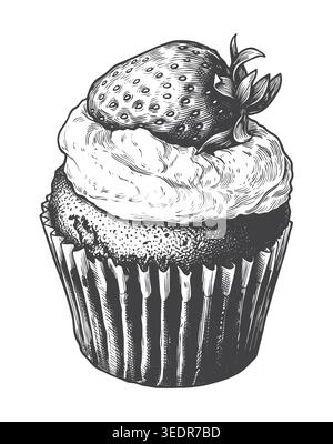 A highly detailed sketch of a delicious cupcake topped with a fresh strawberry. Ideal for artisan bakery logos, cafe dessert menus, and commercial foo Stock Vector