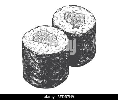 Detailed classical line art illustration of small hosomaki sushi rolls. Excellent for minimalist sushi menus, authentic Japanese dining branding, and Stock Vector