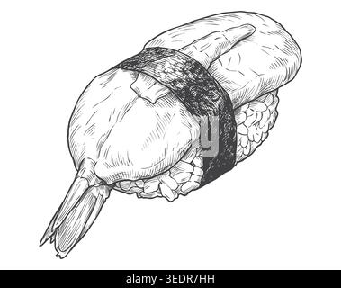 An exquisite monochrome engraving of traditional ebi (shrimp) nigiri with a seaweed band. Perfect for authentic sushi menus, seafood restaurant brandi Stock Vector