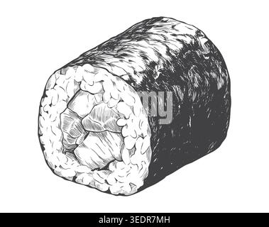 A finely detailed engraving style vector of a single cut maki roll. Excellent for minimalist Japanese restaurant menus, sushi bar logos, and commercia Stock Vector