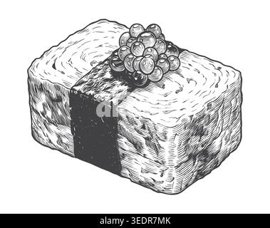 A classic engraving style vector of tamago (egg omelet) nigiri sushi with a nori band. Ideal for traditional Asian dining menus, sushi bar logos, and Stock Vector