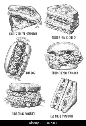 A comprehensive collection of detailed engraving style sandwich illustrations. Perfect for cafe menus, deli branding, fast food packaging, and commerc Stock Vector