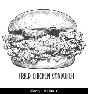 Highly detailed line art illustration of a crispy fried chicken sandwich in a bun. A perfect graphic resource for fast food menus, diner branding, and Stock Vector