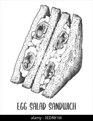 Beautiful detailed sketch of a classic egg salad sandwich cut into triangles. A versatile graphic asset for deli menus, vegetarian restaurant branding Stock Vector