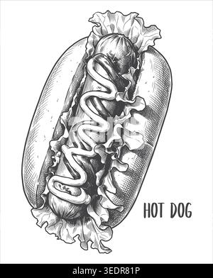 A finely detailed classical line art vector of a classic hot dog with mustard. Excellent for street food logos, diner menus, and commercial food label Stock Vector