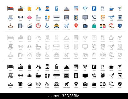 Hotel hospitality icon collection with flat, outline, and glyph design styles Stock Vector