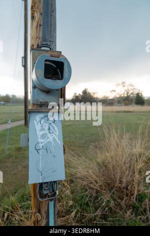 A weathered electrical or utility box with graffiti is mounted on a wooden utility pole near grass, shrubs, a paved path, and open parkland. Stock Photo