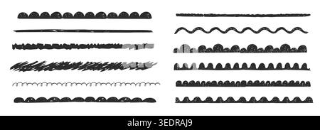 Scribble scalloped border simple divider ornament edge cutout decoration chalk or crayon texture. Wavy edge frames brush, dividers. Vector illustration Stock Vector