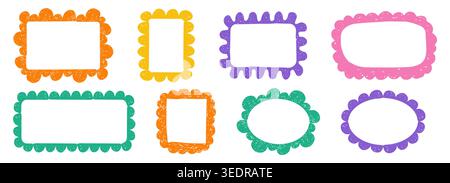 Scribble crayon doodle scalloped frames set. Chalk grunge girly blobs for text. Fluffy, wiggle label, stamp. Wavy whimsical edges curly doodle border. Vector illustration Stock Vector