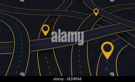 Large abstract roads, lines intersect in various directions. Routes leading to specific goal points. Black background. Vector, illustration. Stock Vector
