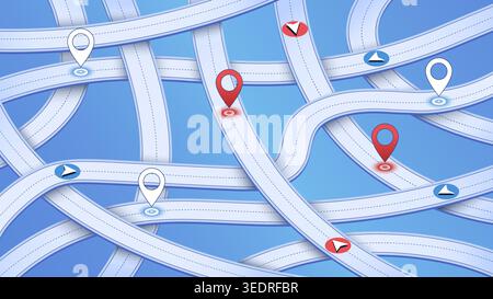 Overlay of isometric roads with leading to specific goal points. Abstract roads, gradient lines intersect in various directions Stock Vector