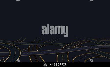 Large abstract roads, lines intersect in various directions. Routes leading to the horizon. Black background. Vector, illustration. Stock Vector