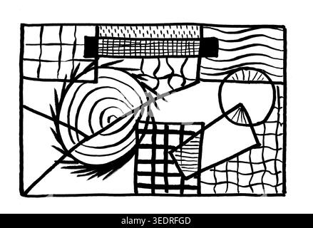 Scan of abstract lines and irregular shapes with a fineliner on watercolor paper. Stock Photo